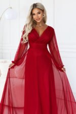684-1 NERISSA Elegant tulle maxi dress with a wrap neckline - light burgundy-6