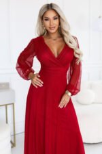 684-1 NERISSA Elegant tulle maxi dress with a wrap neckline - light burgundy-2
