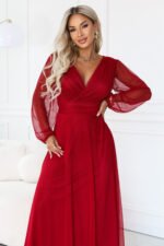 684-1 NERISSA Elegant tulle maxi dress with a wrap neckline - light burgundy-7