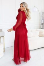 684-1 NERISSA Elegant tulle maxi dress with a wrap neckline - light burgundy-4