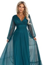 684-2 NERISSA Elegant tulle maxi dress with a wrap neckline - sea green-13