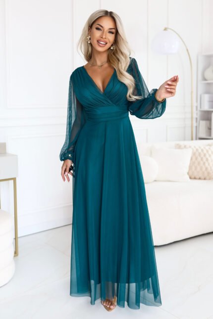 684-2 NERISSA Elegant tulle maxi dress with a wrap neckline - sea green-1