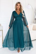 684-2 NERISSA Elegant tulle maxi dress with a wrap neckline - sea green-4