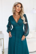 684-2 NERISSA Elegant tulle maxi dress with a wrap neckline - sea green-2
