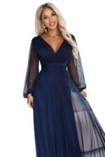 684-3 NERISSA Elegant tulle maxi dress with a wrap neckline - navy blue-11