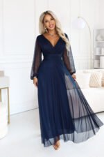 684-3 NERISSA Elegant tulle maxi dress with a wrap neckline - navy blue-8