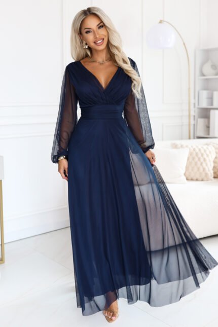 684-3 NERISSA Elegant tulle maxi dress with a wrap neckline - navy blue-1