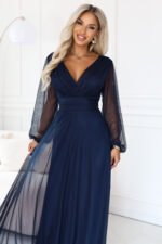 684-3 NERISSA Elegant tulle maxi dress with a wrap neckline - navy blue-5