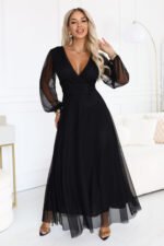 684-4 NERISSA Elegant tulle maxi dress with a wrap neckline - black-4