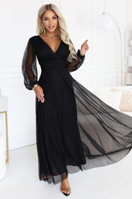684-4 NERISSA Elegant tulle maxi dress with a wrap neckline - black-1
