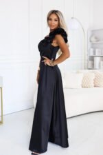 685-1 Satin one-shoulder maxi evening dress with a decorative ruffle - black-3
