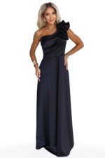 685-1 Satin one-shoulder maxi evening dress with a decorative ruffle - black-9