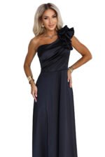 685-1 Satin one-shoulder maxi evening dress with a decorative ruffle - black-10