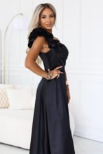 685-1 Satin one-shoulder maxi evening dress with a decorative ruffle - black-6
