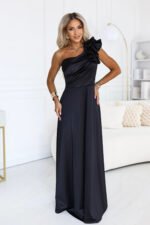 685-1 Satin one-shoulder maxi evening dress with a decorative ruffle - black-7