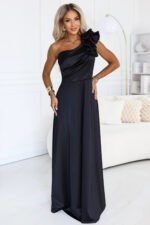 685-1 Satin one-shoulder maxi evening dress with a decorative ruffle - black-4