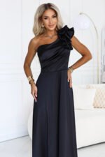 685-1 Satin one-shoulder maxi evening dress with a decorative ruffle - black-5