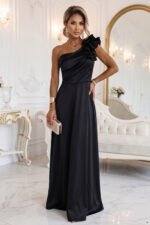 685-1 Satin one-shoulder maxi evening dress with a decorative ruffle - black-1