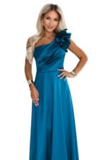 685-2 Satin one-shoulder maxi evening dress with a decorative ruffle - sea green-12