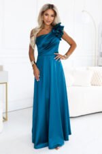 685-2 Satin one-shoulder maxi evening dress with a decorative ruffle - sea green-1