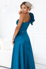 685-2 Satin one-shoulder maxi evening dress with a decorative ruffle - sea green-6