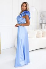 685-3 Satin one-shoulder maxi evening dress with a decorative ruffle - light blue-5