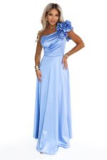 685-3 Satin one-shoulder maxi evening dress with a decorative ruffle - light blue-11