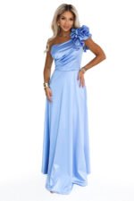 685-3 Satin one-shoulder maxi evening dress with a decorative ruffle - light blue-11