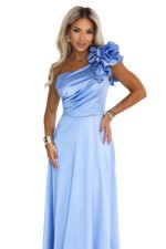 685-3 Satin one-shoulder maxi evening dress with a decorative ruffle - light blue-12