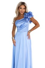 685-3 Satin one-shoulder maxi evening dress with a decorative ruffle - light blue-12