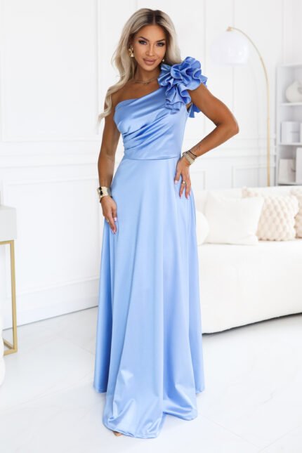 685-3 Satin one-shoulder maxi evening dress with a decorative ruffle - light blue-1