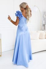 685-3 Satin one-shoulder maxi evening dress with a decorative ruffle - light blue-4
