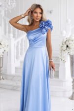 685-3 Satin one-shoulder maxi evening dress with a decorative ruffle - light blue-3