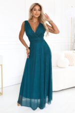 686-1 MIRELLA Evening maxi dress with glitter and V neckline - sea green-1