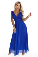 686-2 MIRELLA Long evening dress with glitter tulle and V neckline - cornflower blue-11