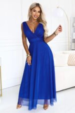 686-2 MIRELLA Long evening dress with glitter tulle and V neckline - cornflower blue-1