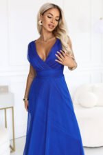 686-2 MIRELLA Long evening dress with glitter tulle and V neckline - cornflower blue-2
