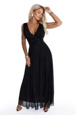 686-3 MIRELLA Long evening dress with glitter tulle and V neckline - black-9