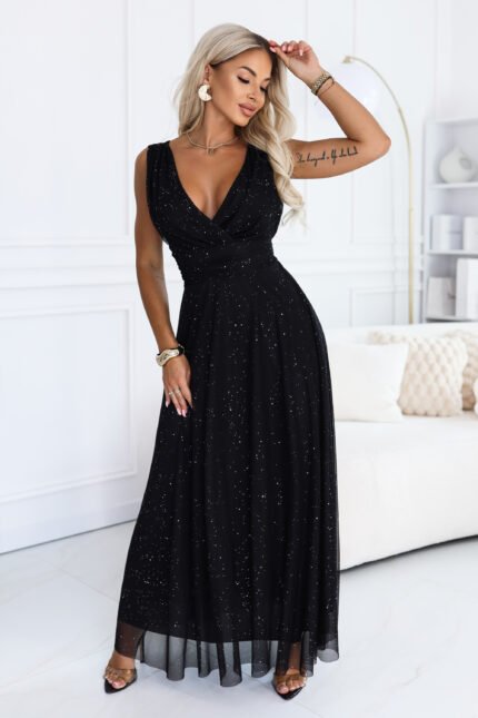 686-3 MIRELLA Long evening dress with glitter tulle and V neckline - black-1