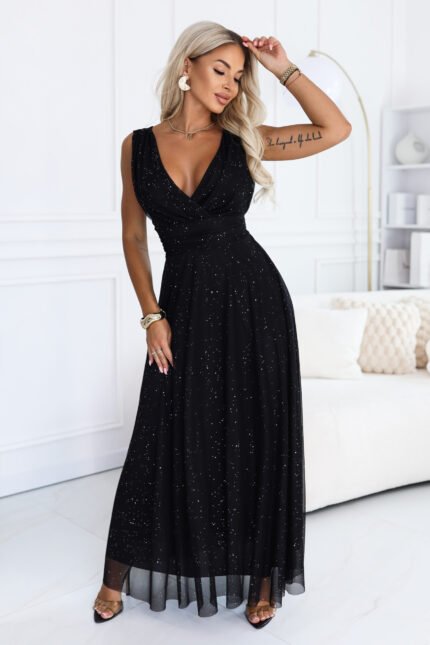 686-3 MIRELLA Long evening dress with glitter tulle and V neckline - black-1