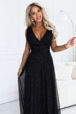 686-3 MIRELLA Long evening dress with glitter tulle and V neckline - black-7