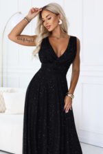 686-3 MIRELLA Long evening dress with glitter tulle and V neckline - black-5