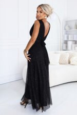 686-3 MIRELLA Long evening dress with glitter tulle and V neckline - black-3