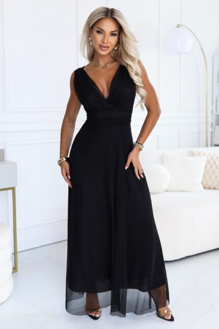 687-1 Elegant maxi dress with a wrap neckline and open back - black-1