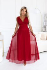 687-2 Elegant maxi dress with a wrap neckline and open back - light burgundy-10