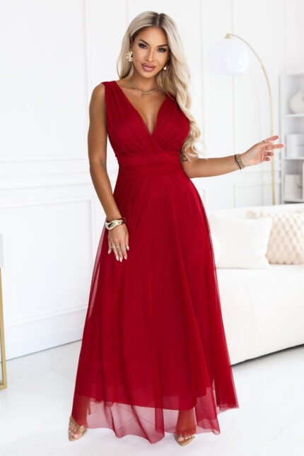 687-2 Elegant maxi dress with a wrap neckline and open back - light burgundy-1