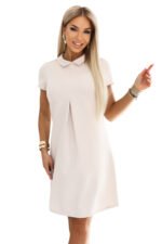 688-1 LIORA Elegant trapeze mini dress with a collar - light beige-7