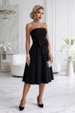 692-1 NAYA Elegant strapless corset midi dress with a bow - black-8