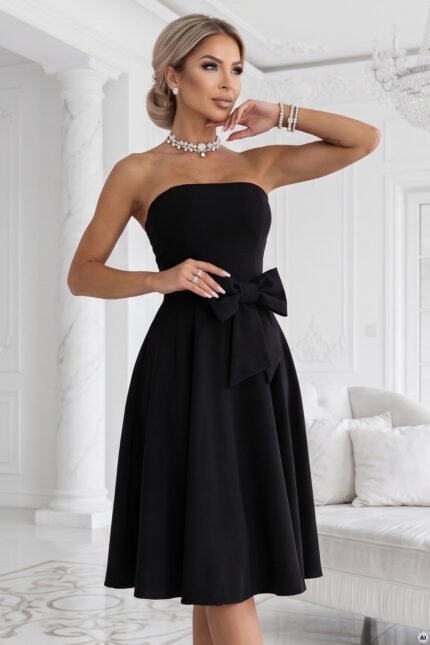 692-1 NAYA Elegant strapless corset midi dress with a bow - black-1