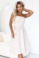 692-2 NAYA Elegant strapless corset midi dress with a bow - light beige-6